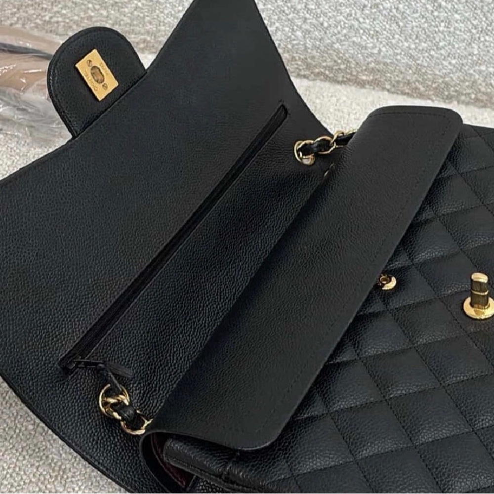 CHANEL Black Quilted Caviar Leather Double Flap Shoulder Bag with Gold Hardware - Picture 13 of 14